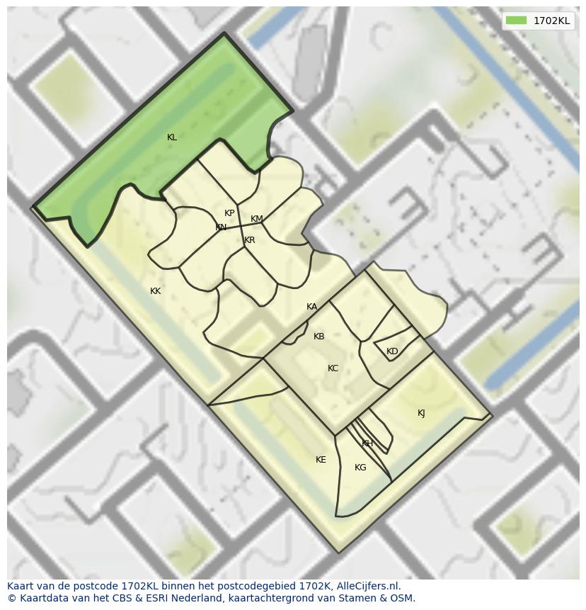 Afbeelding van het postcodegebied 1702 KL op de kaart.