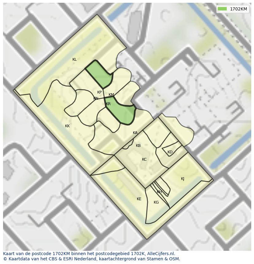 Afbeelding van het postcodegebied 1702 KM op de kaart.