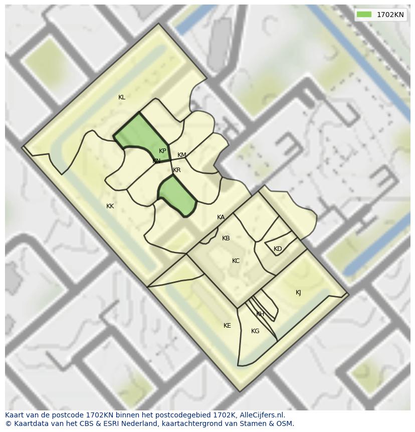 Afbeelding van het postcodegebied 1702 KN op de kaart.