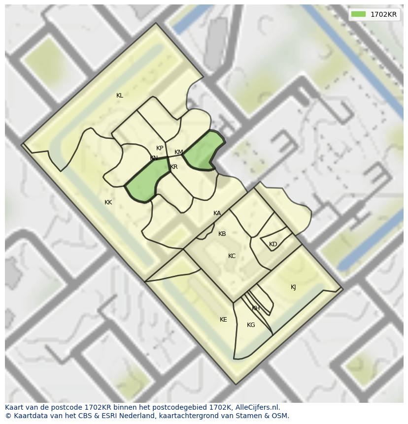 Afbeelding van het postcodegebied 1702 KR op de kaart.
