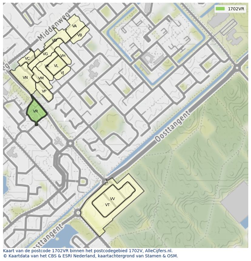 Afbeelding van het postcodegebied 1702 VR op de kaart.