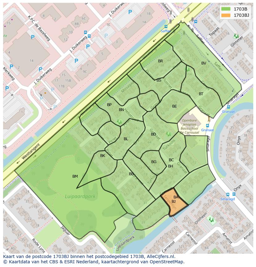 Afbeelding van het postcodegebied 1703 BJ op de kaart.