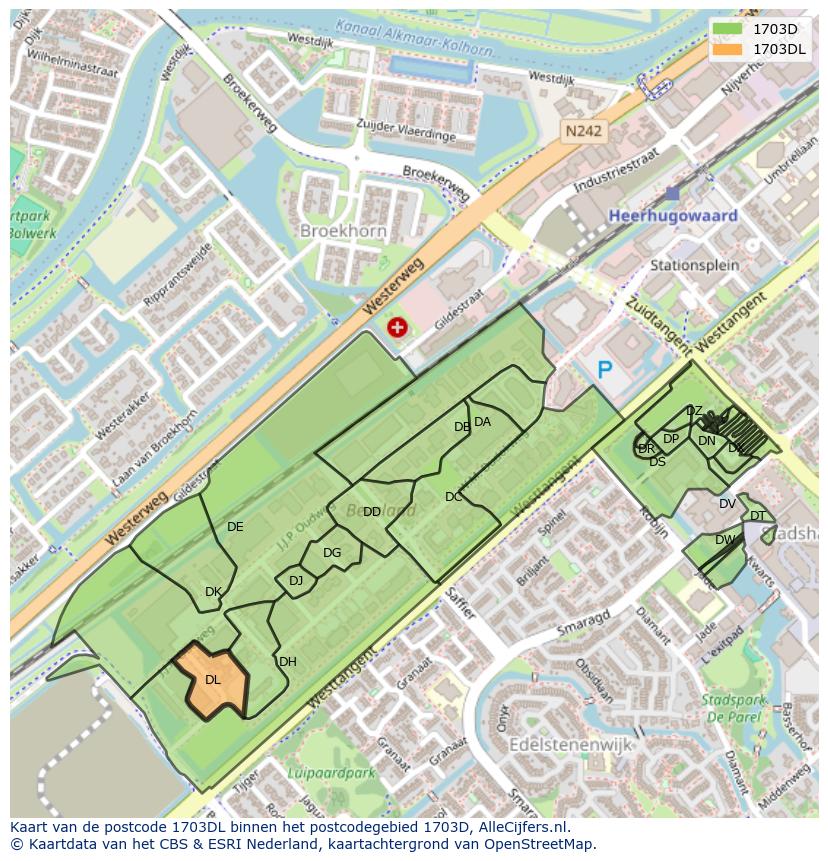 Afbeelding van het postcodegebied 1703 DL op de kaart.