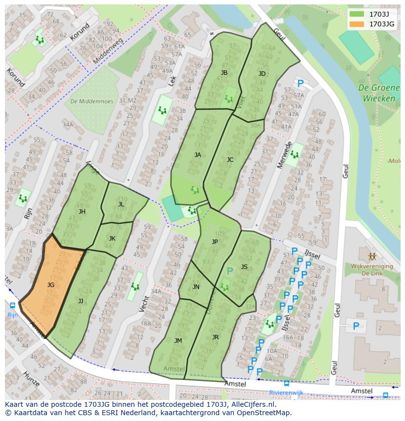Afbeelding van het postcodegebied 1703 JG op de kaart.