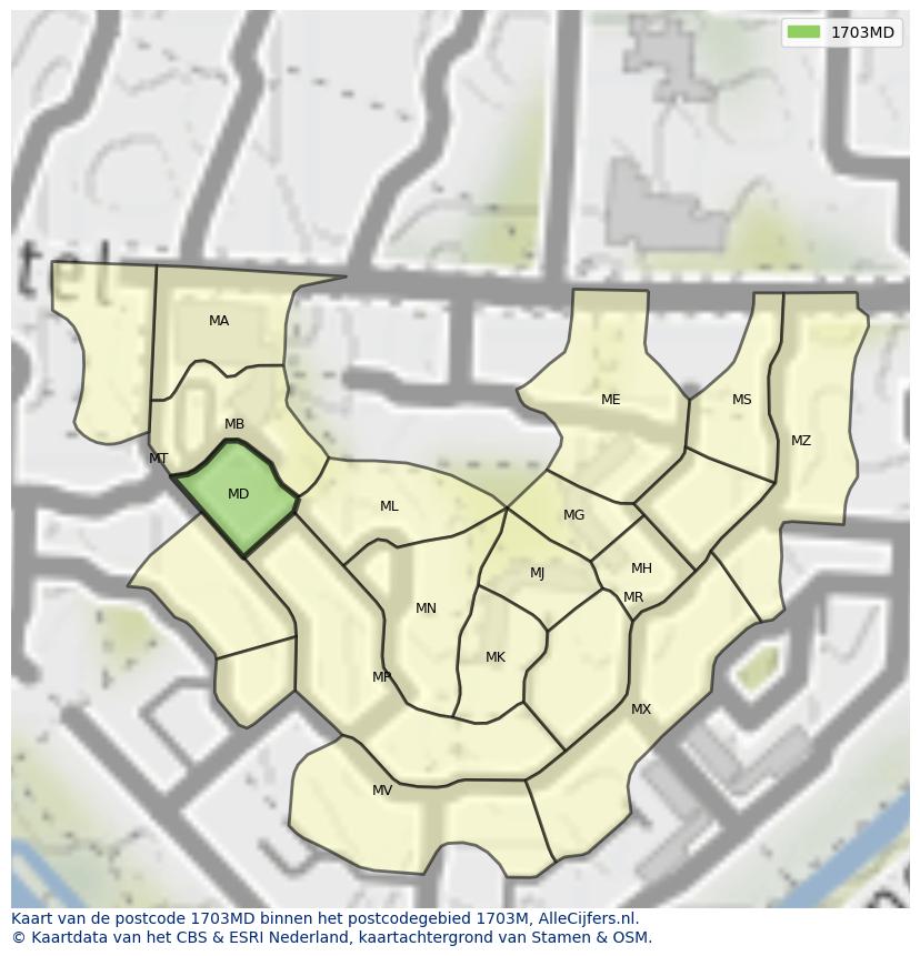 Afbeelding van het postcodegebied 1703 MD op de kaart.