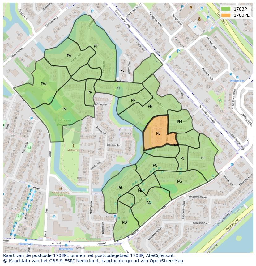 Afbeelding van het postcodegebied 1703 PL op de kaart.