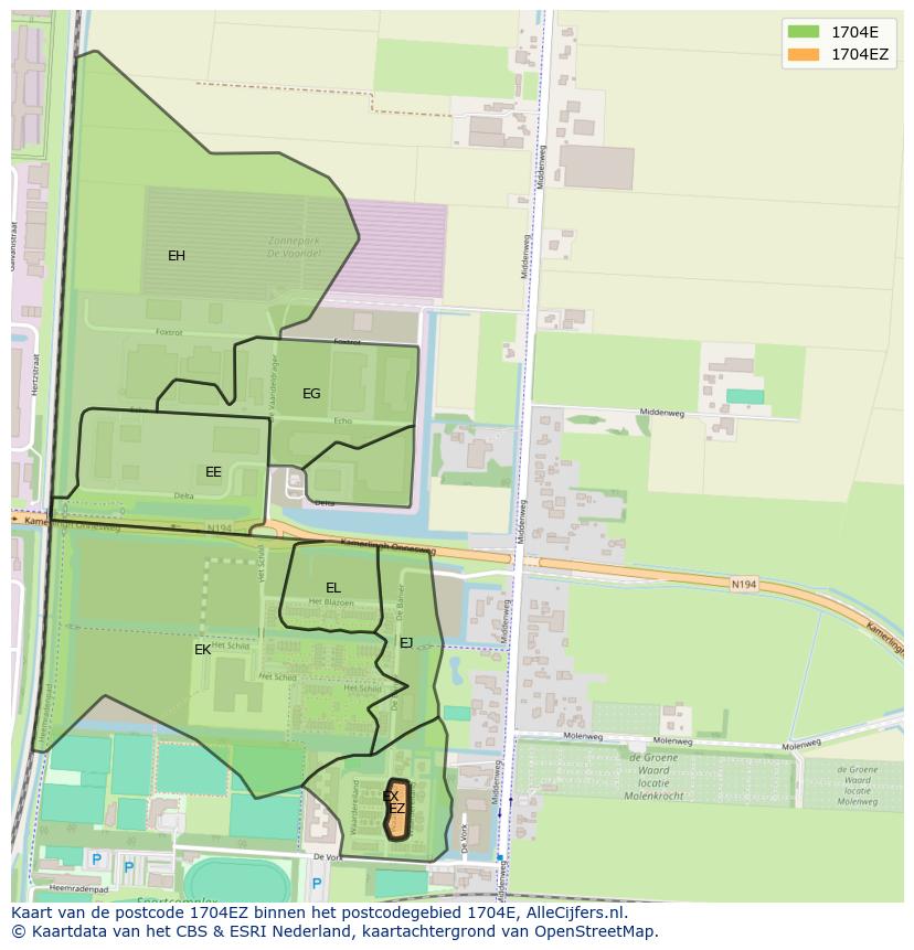 Afbeelding van het postcodegebied 1704 EZ op de kaart.