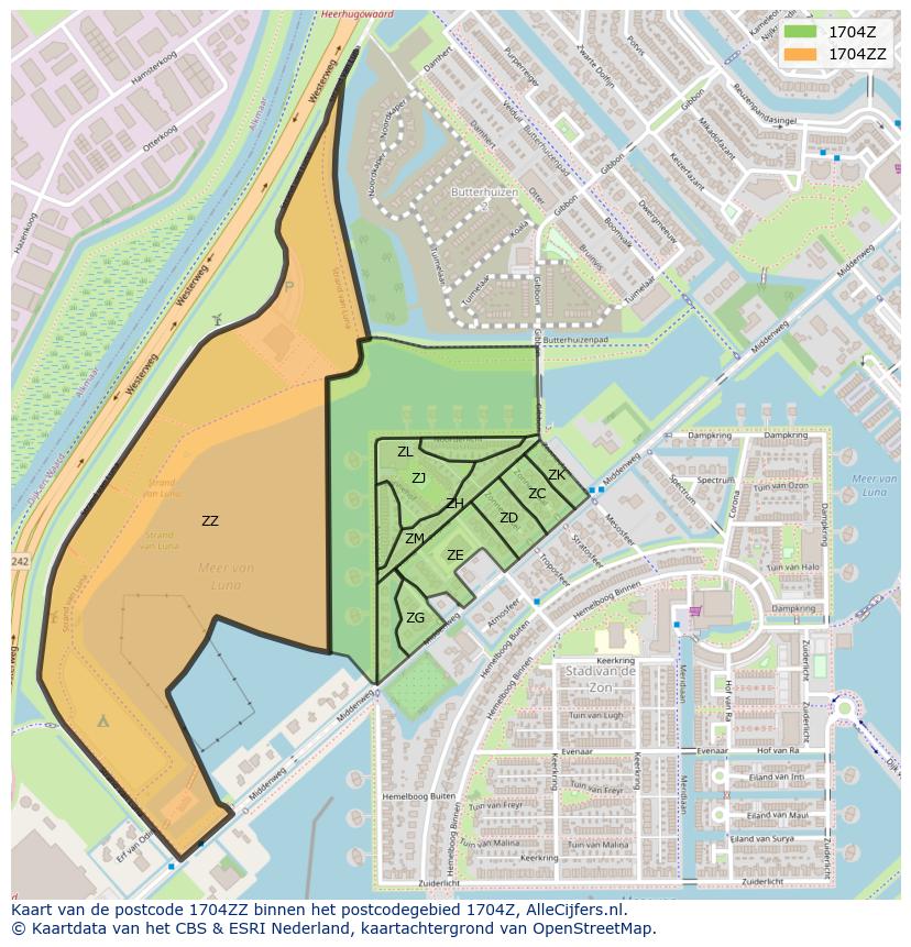 Afbeelding van het postcodegebied 1704 ZZ op de kaart.