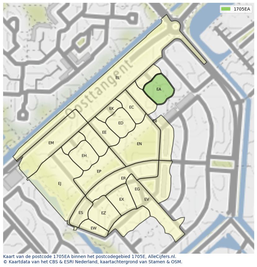 Afbeelding van het postcodegebied 1705 EA op de kaart.