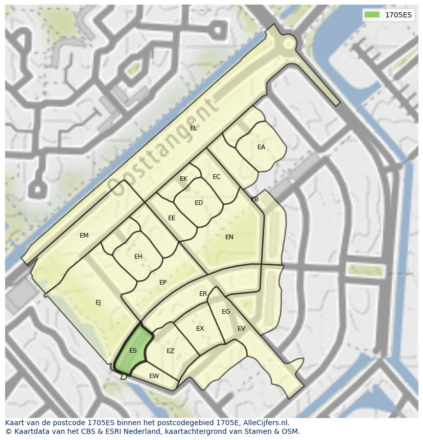 Afbeelding van het postcodegebied 1705 ES op de kaart.