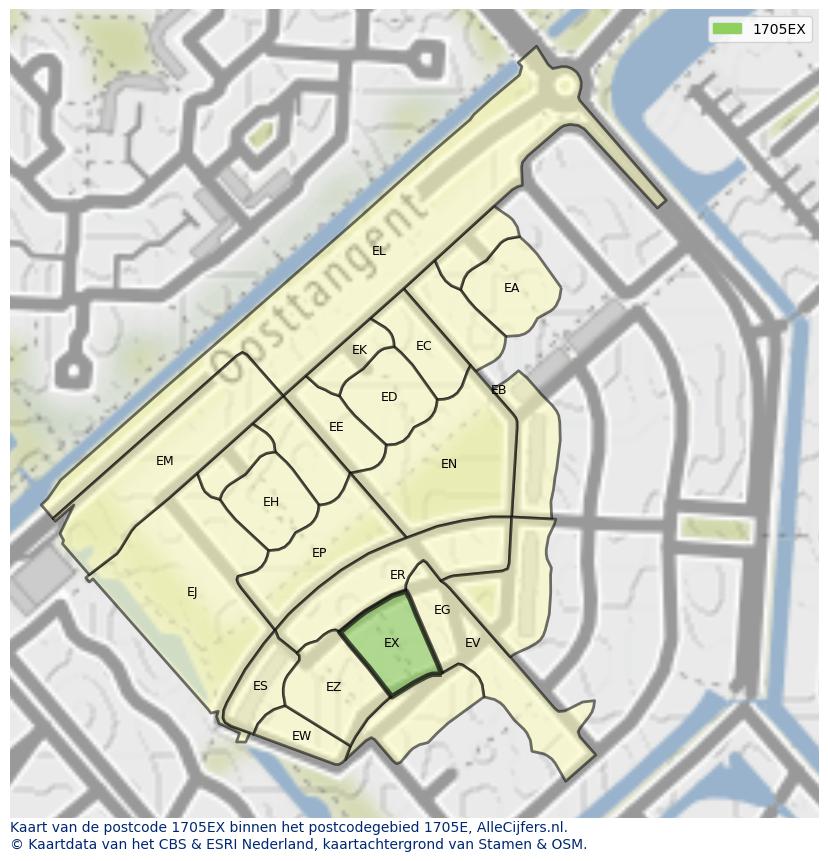 Afbeelding van het postcodegebied 1705 EX op de kaart.