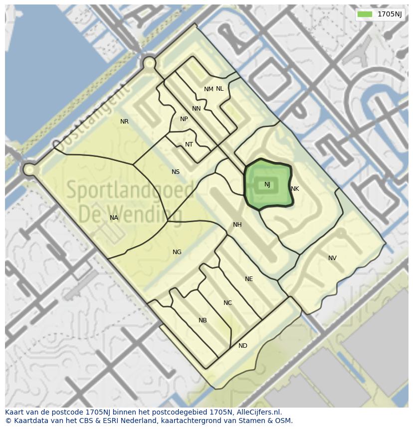 Afbeelding van het postcodegebied 1705 NJ op de kaart.