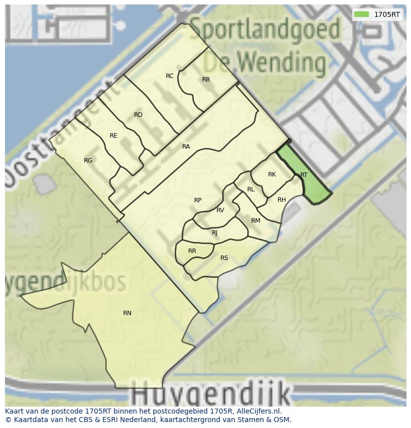 Afbeelding van het postcodegebied 1705 RT op de kaart.