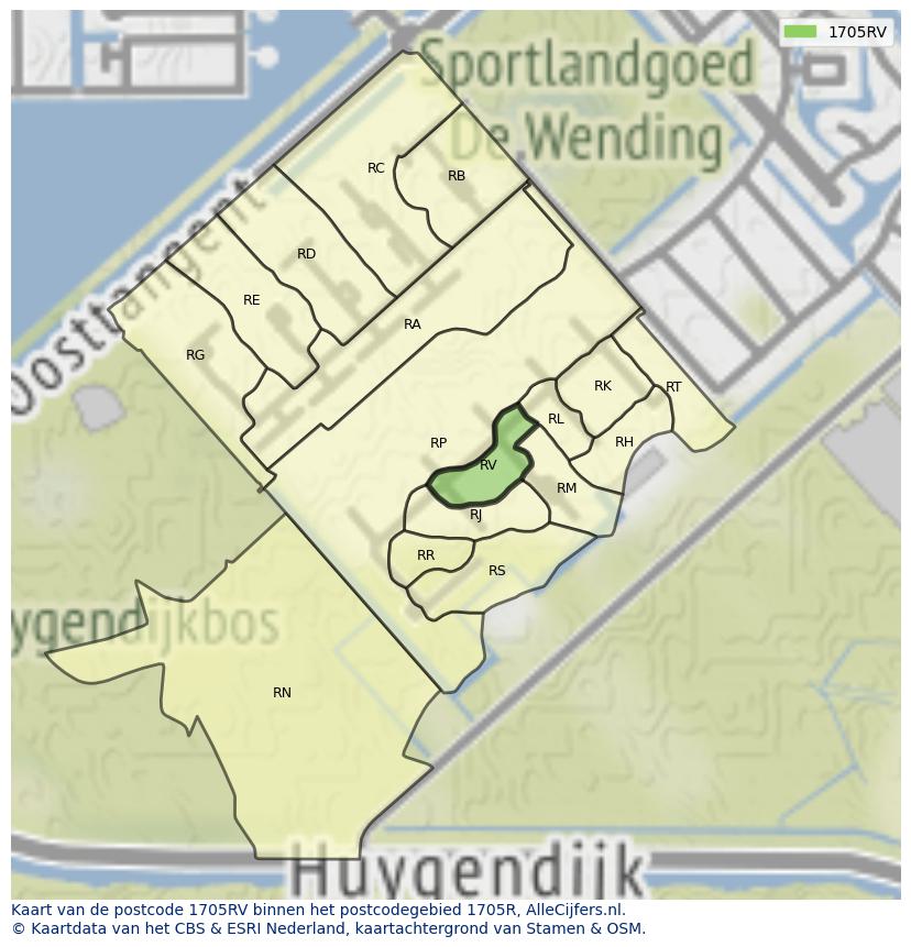 Afbeelding van het postcodegebied 1705 RV op de kaart.