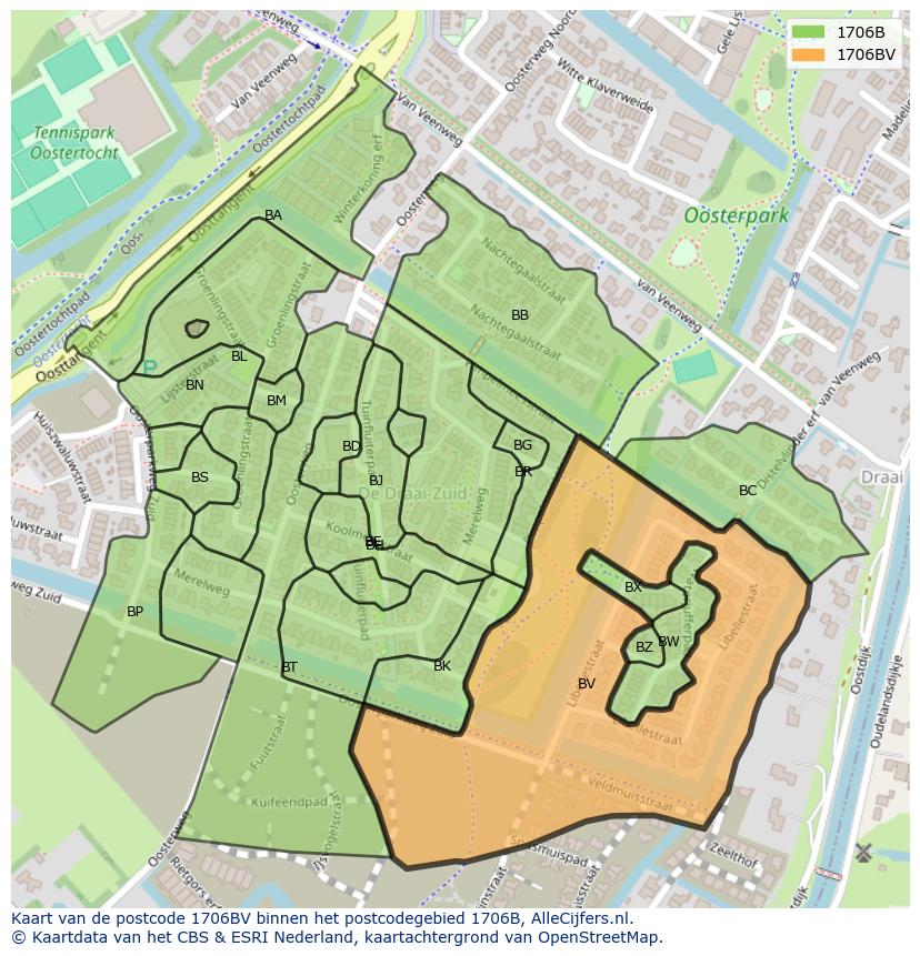 Afbeelding van het postcodegebied 1706 BV op de kaart.