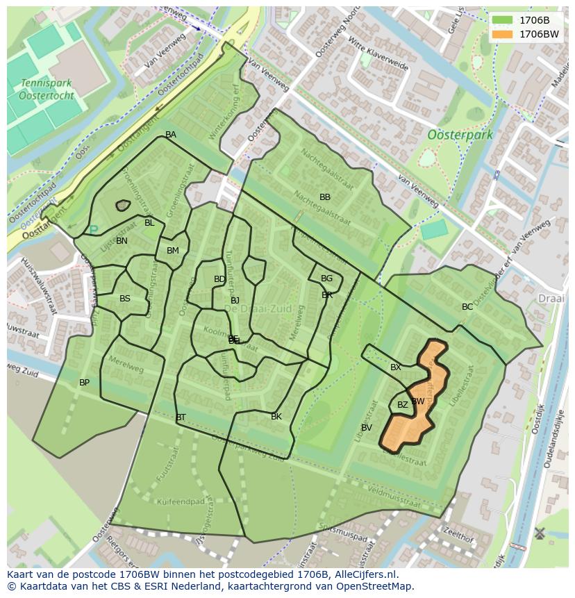 Afbeelding van het postcodegebied 1706 BW op de kaart.