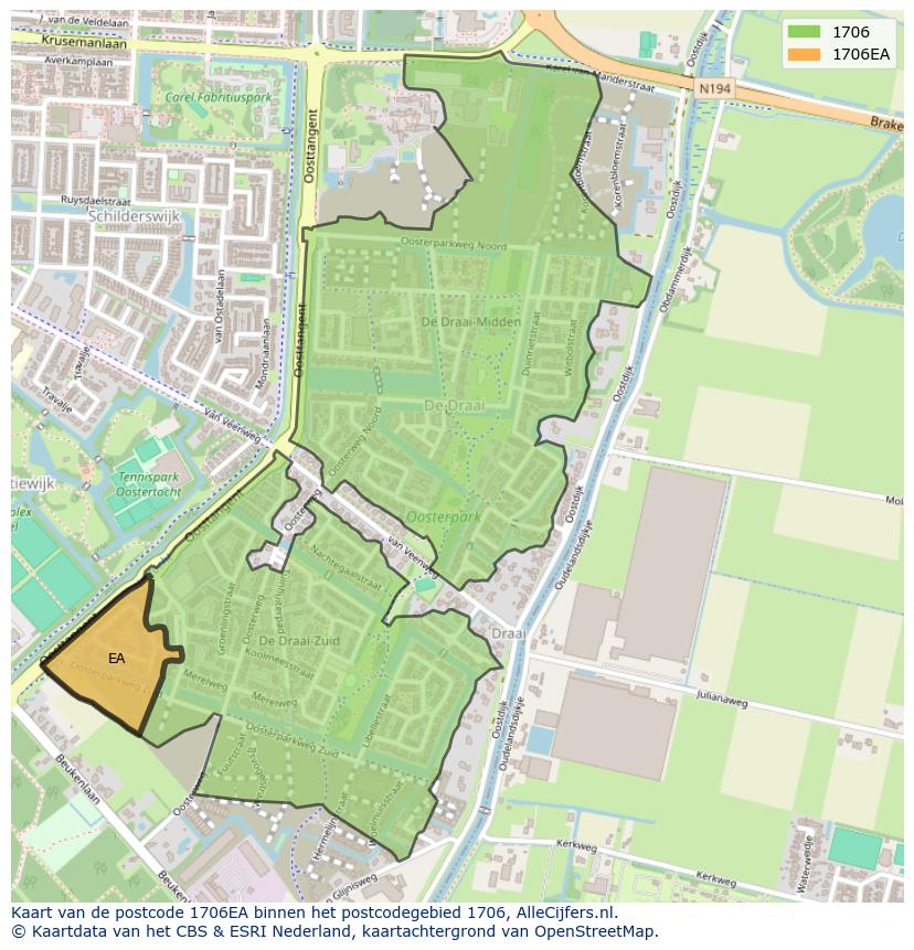 Afbeelding van het postcodegebied 1706 EA op de kaart.