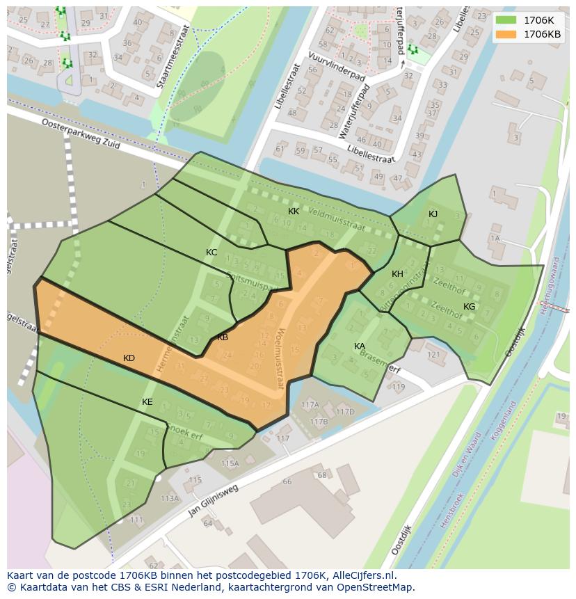Afbeelding van het postcodegebied 1706 KB op de kaart.