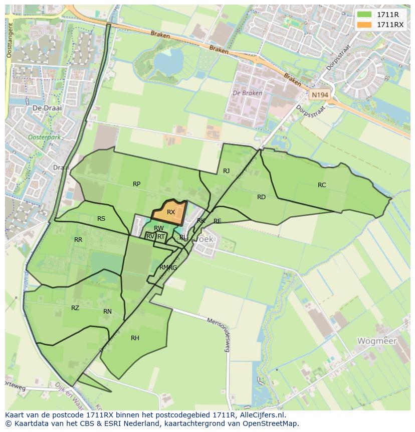 Afbeelding van het postcodegebied 1711 RX op de kaart.