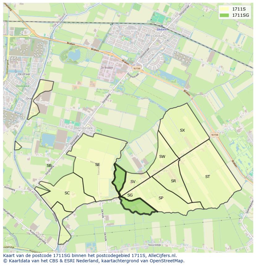 Afbeelding van het postcodegebied 1711 SG op de kaart.