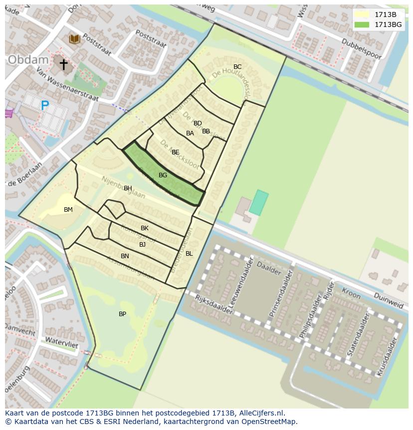 Afbeelding van het postcodegebied 1713 BG op de kaart.