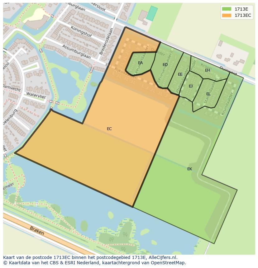 Afbeelding van het postcodegebied 1713 EC op de kaart.