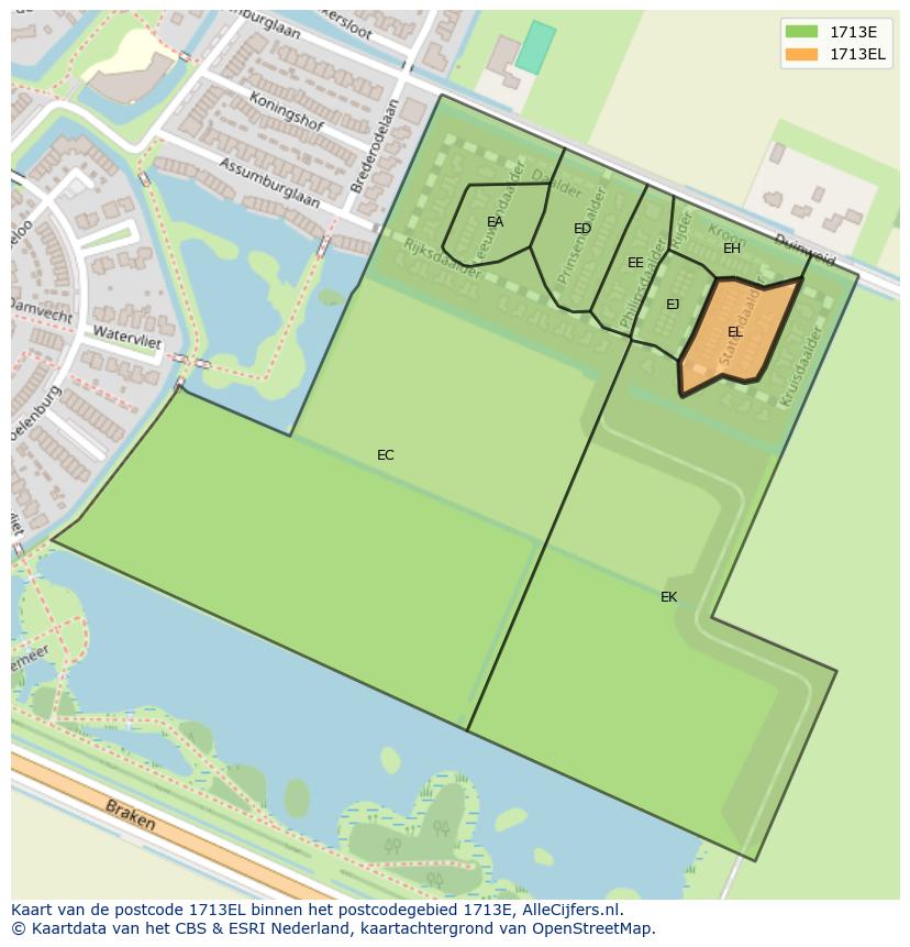 Afbeelding van het postcodegebied 1713 EL op de kaart.