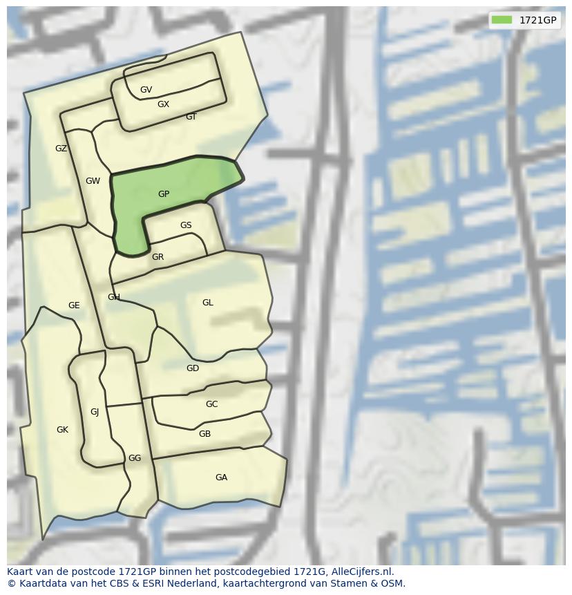 Afbeelding van het postcodegebied 1721 GP op de kaart.
