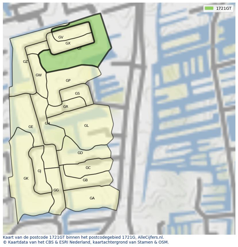 Afbeelding van het postcodegebied 1721 GT op de kaart.