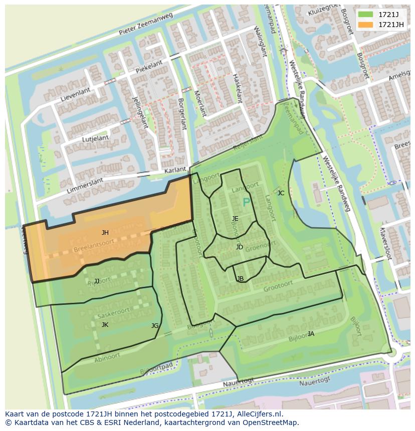 Afbeelding van het postcodegebied 1721 JH op de kaart.