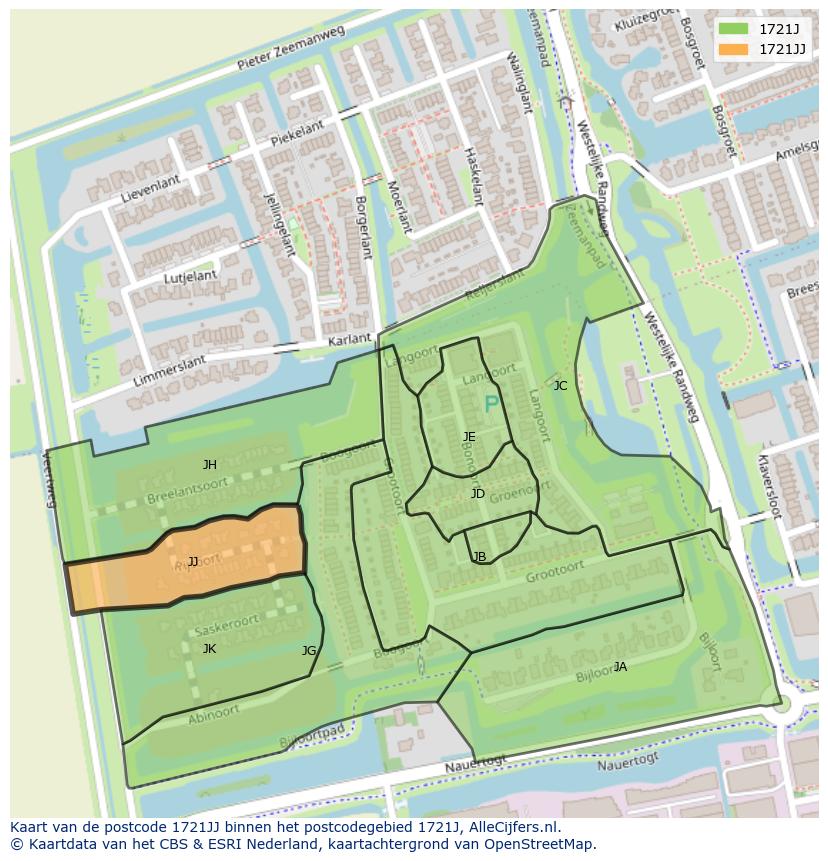 Afbeelding van het postcodegebied 1721 JJ op de kaart.