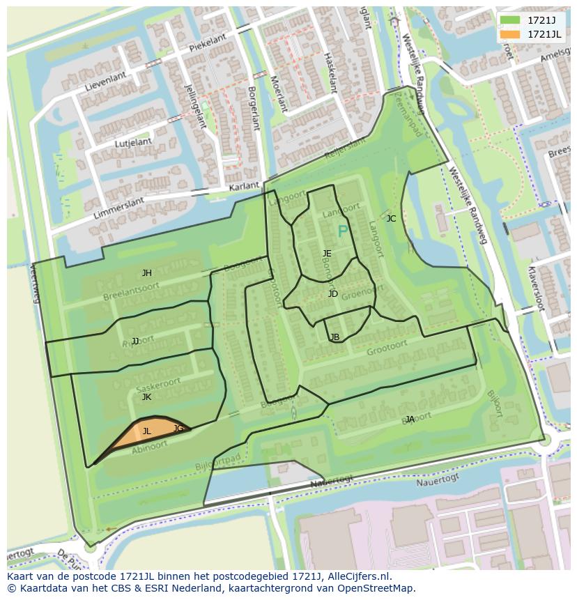 Afbeelding van het postcodegebied 1721 JL op de kaart.
