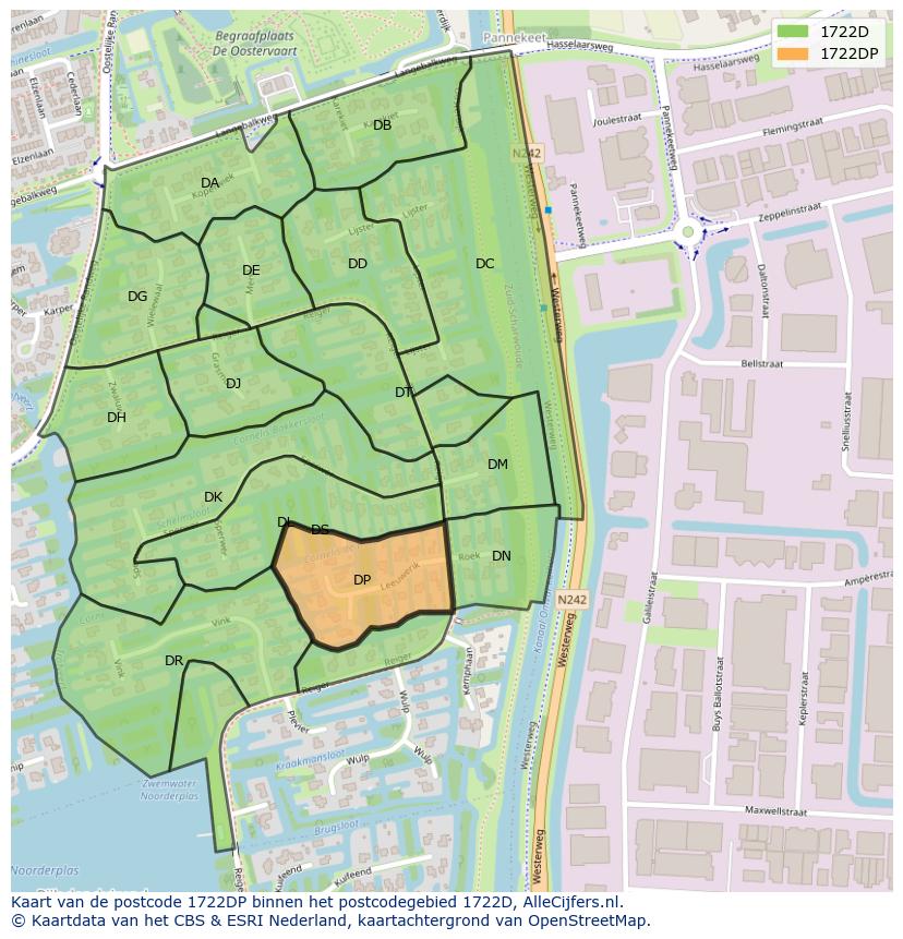 Afbeelding van het postcodegebied 1722 DP op de kaart.