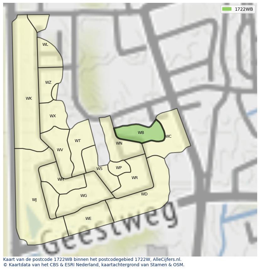 Afbeelding van het postcodegebied 1722 WB op de kaart.