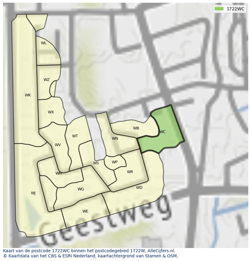 Afbeelding van het postcodegebied 1722 WC op de kaart.