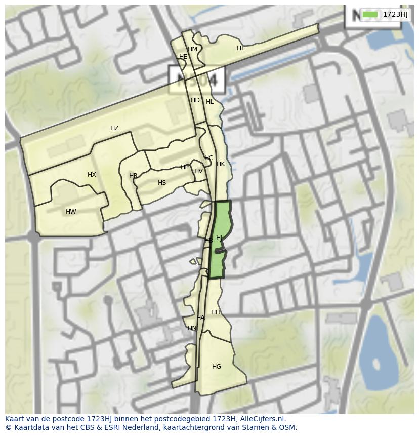 Afbeelding van het postcodegebied 1723 HJ op de kaart.