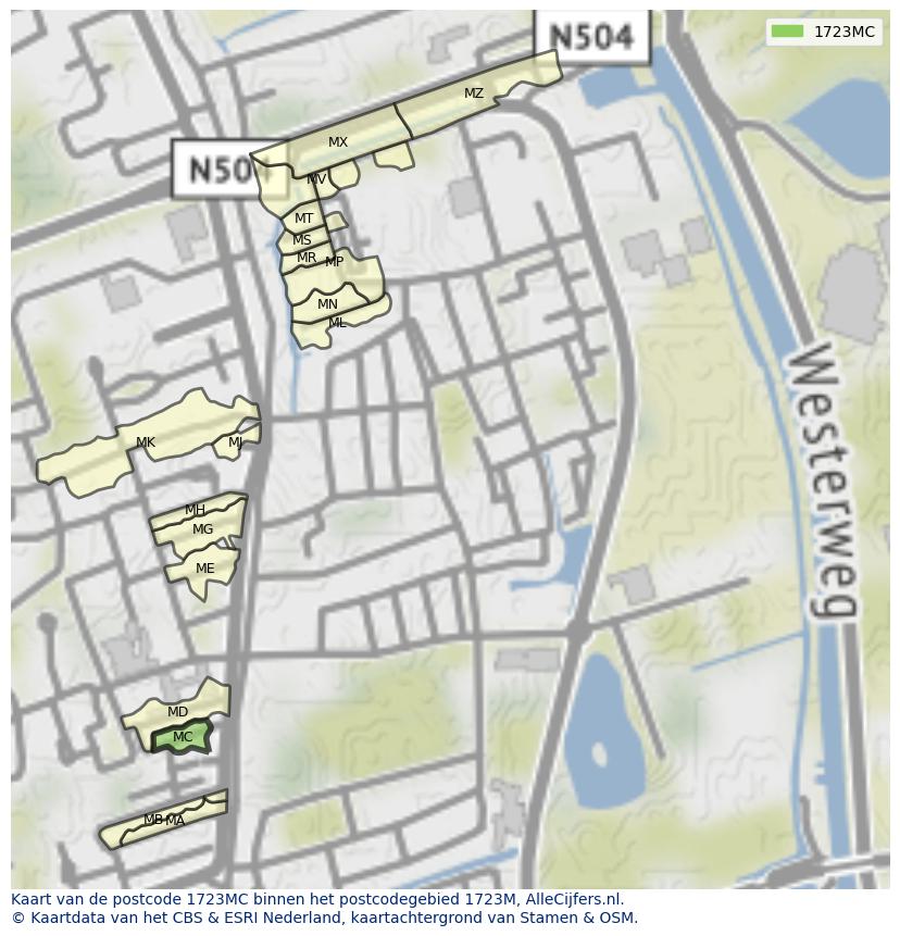 Afbeelding van het postcodegebied 1723 MC op de kaart.