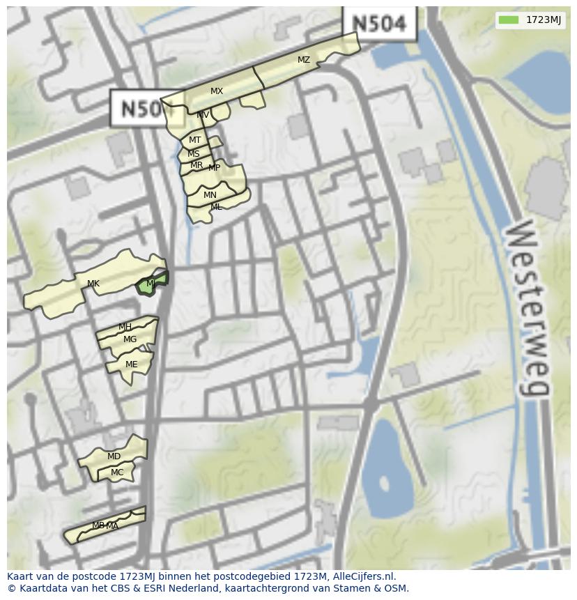 Afbeelding van het postcodegebied 1723 MJ op de kaart.