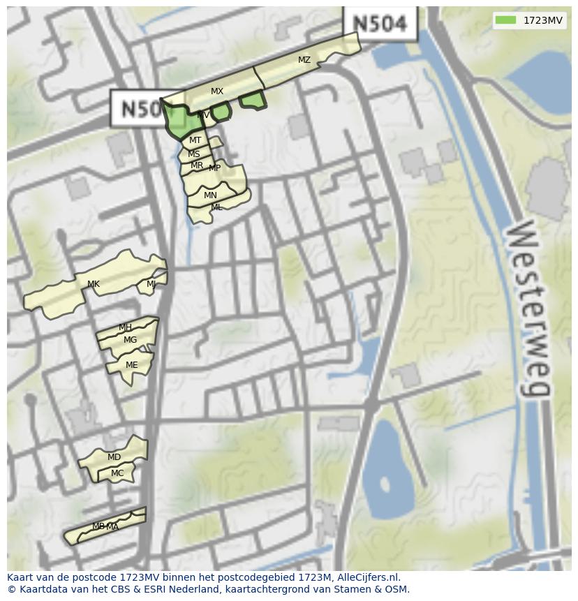 Afbeelding van het postcodegebied 1723 MV op de kaart.