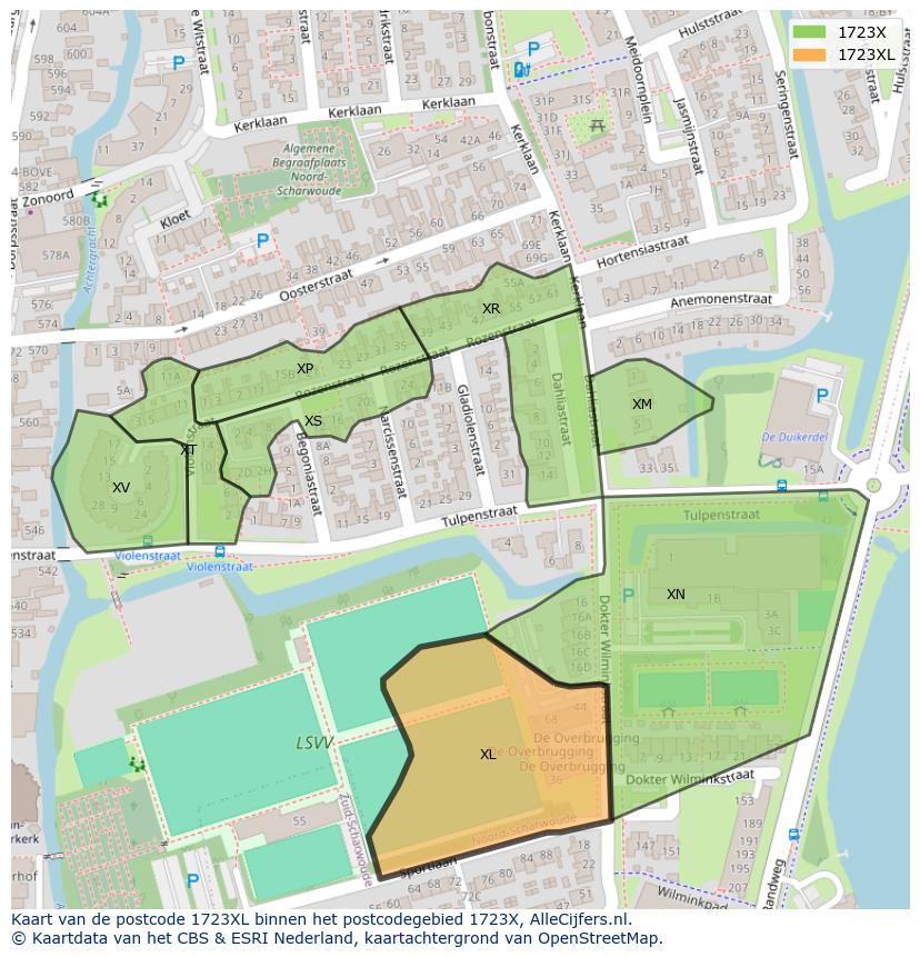 Afbeelding van het postcodegebied 1723 XL op de kaart.