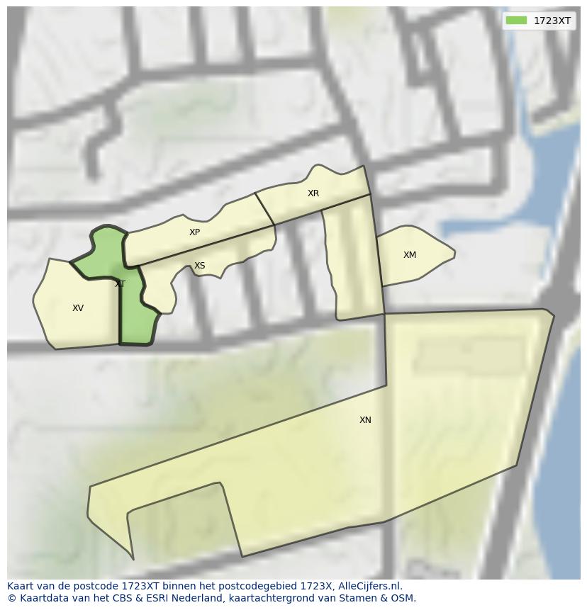 Afbeelding van het postcodegebied 1723 XT op de kaart.