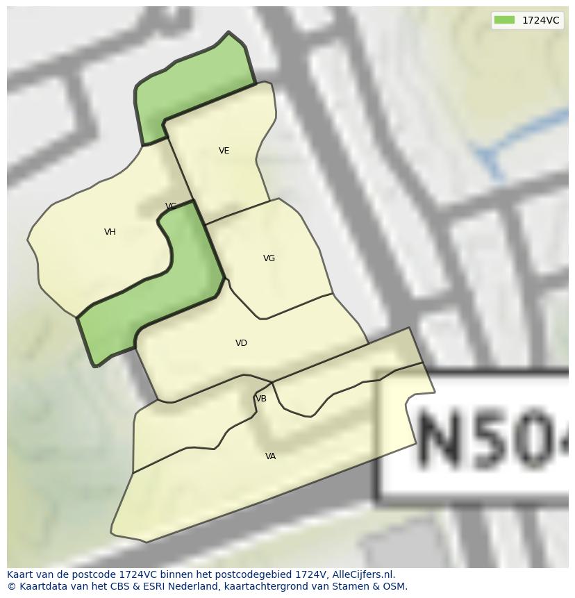 Afbeelding van het postcodegebied 1724 VC op de kaart.