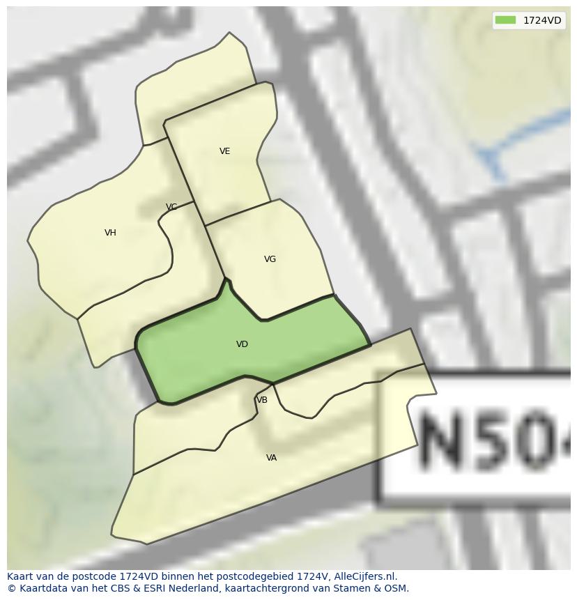 Afbeelding van het postcodegebied 1724 VD op de kaart.