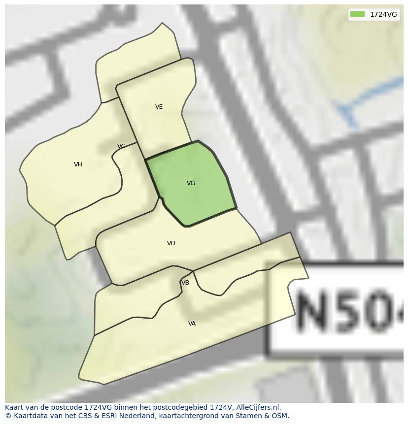 Afbeelding van het postcodegebied 1724 VG op de kaart.