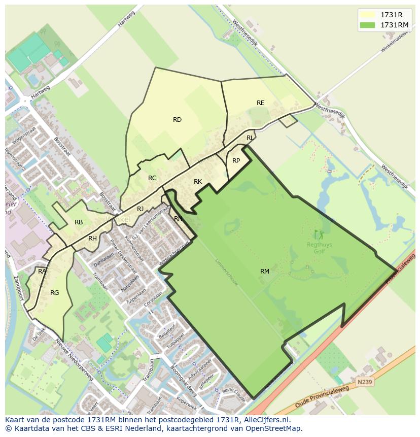 Afbeelding van het postcodegebied 1731 RM op de kaart.