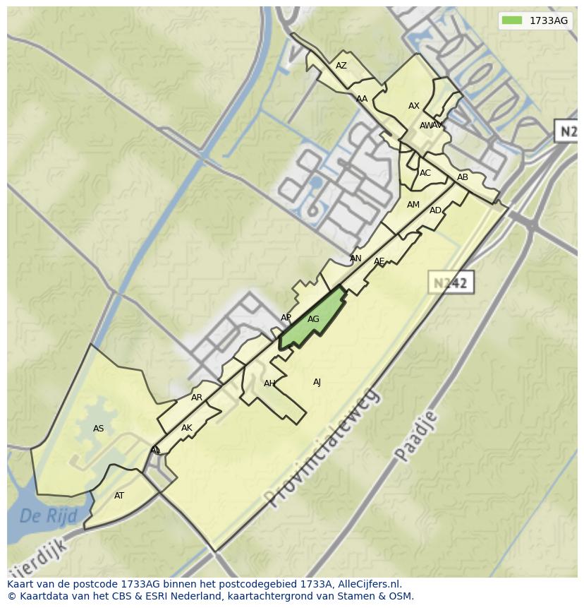 Afbeelding van het postcodegebied 1733 AG op de kaart.