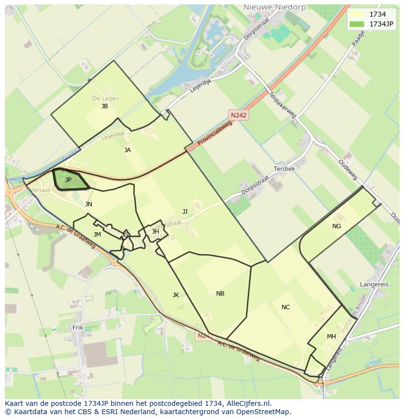 Afbeelding van het postcodegebied 1734 JP op de kaart.