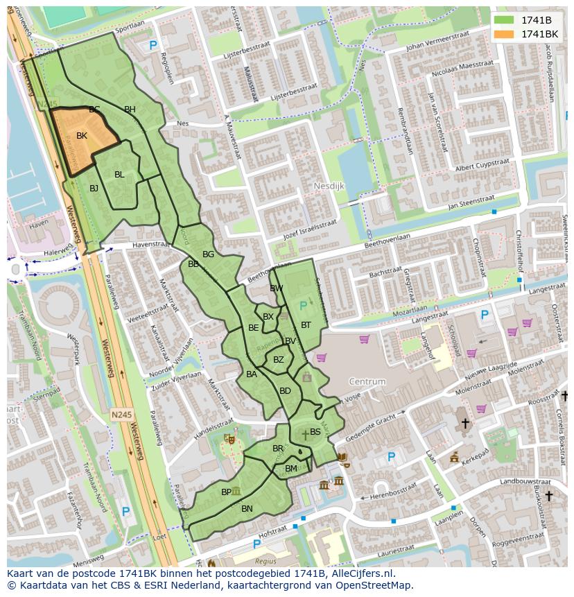 Afbeelding van het postcodegebied 1741 BK op de kaart.