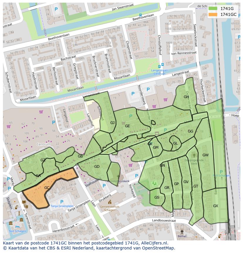 Afbeelding van het postcodegebied 1741 GC op de kaart.