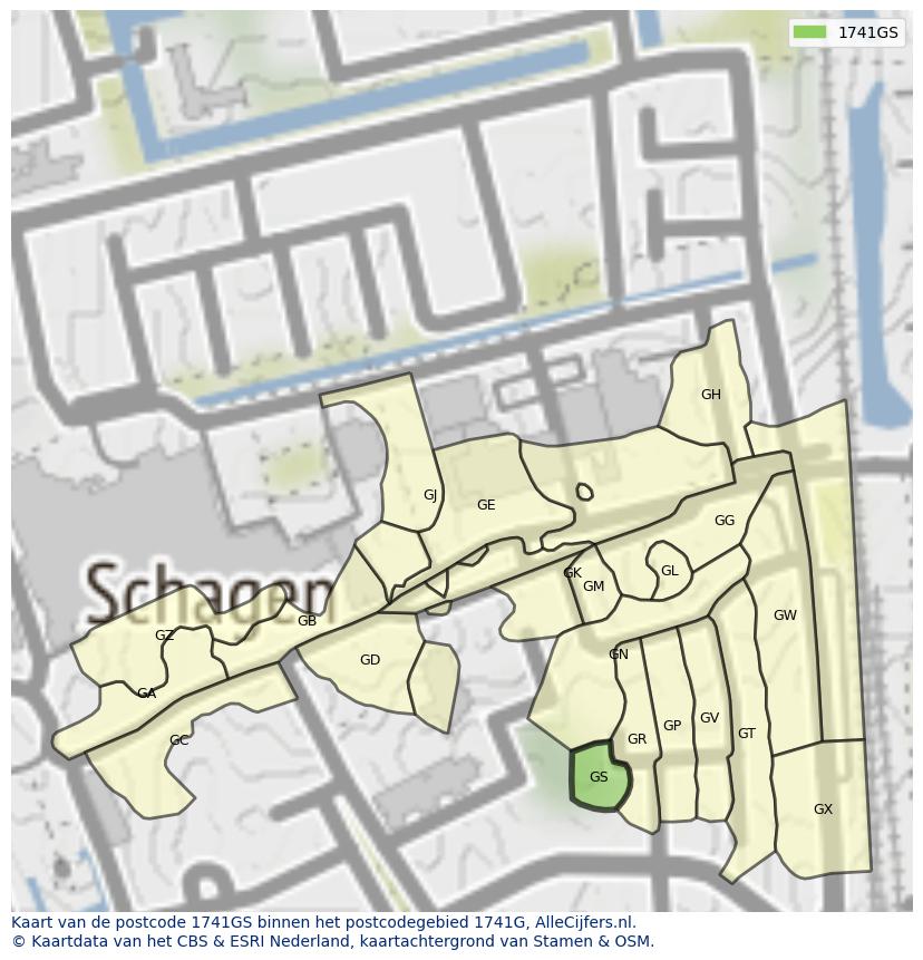 Afbeelding van het postcodegebied 1741 GS op de kaart.